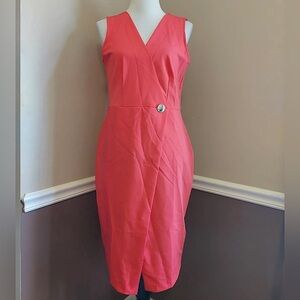 Coral Mid-Calf Midi V-Neck Faux Wrap Sheath Dress by Closet London from ModCloth